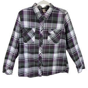 Duluth Trading Purple Black White Plaid Cotton Blend Button Up Flannel Shirt L